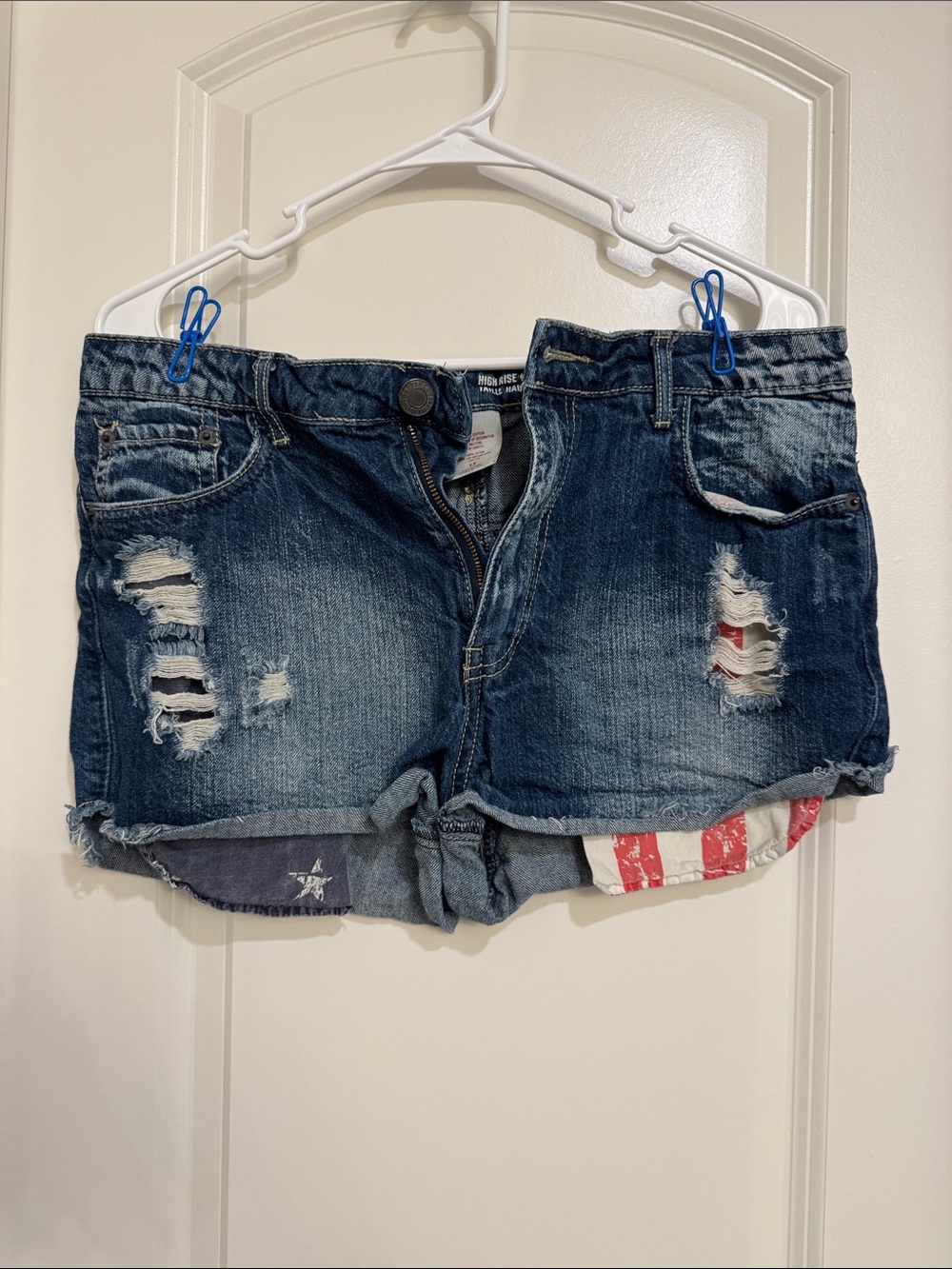 Mossimo Supply Co. Distressed Dark Blue Denim Shorts with Flag Accent